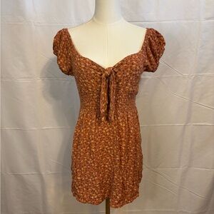 Blush ♥ J Rust Floral Cottagecore Puff Sleeve Tie Front Mini Dress Size L